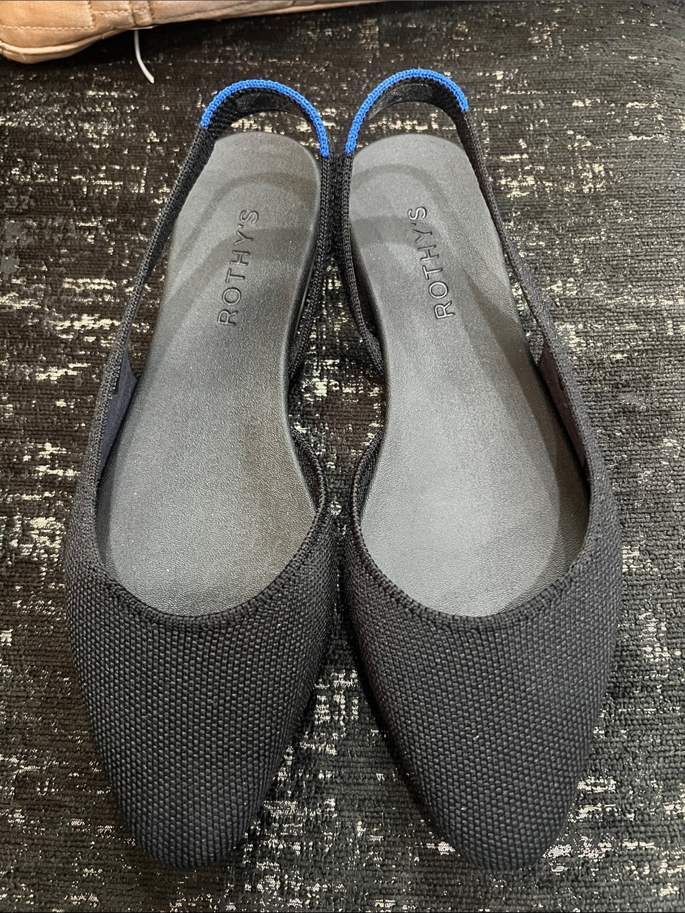 Rothy's Black Pointed Slingback Flats with Blue Heel Trim